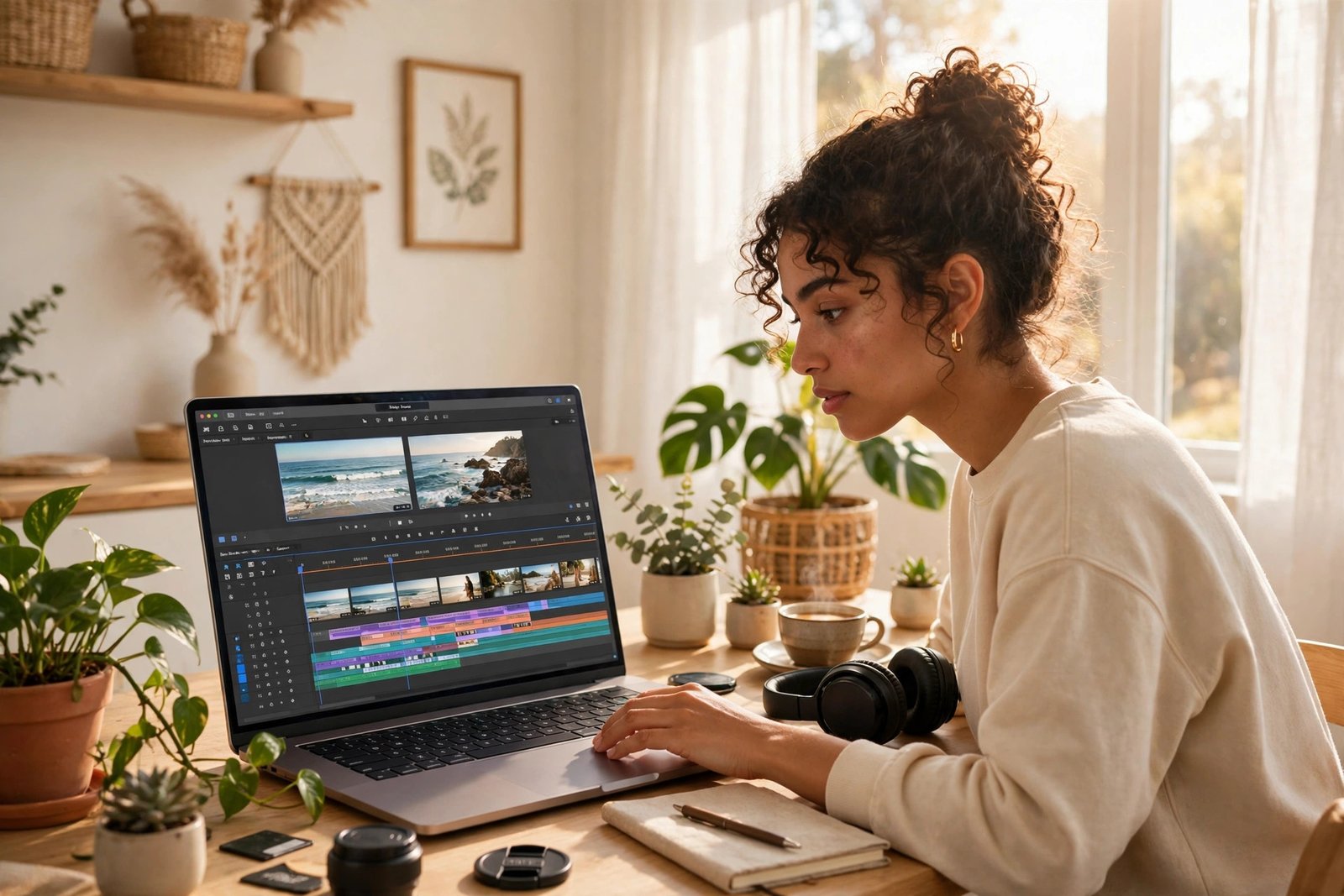 Creator editing video on a laptop in a sunny home studio