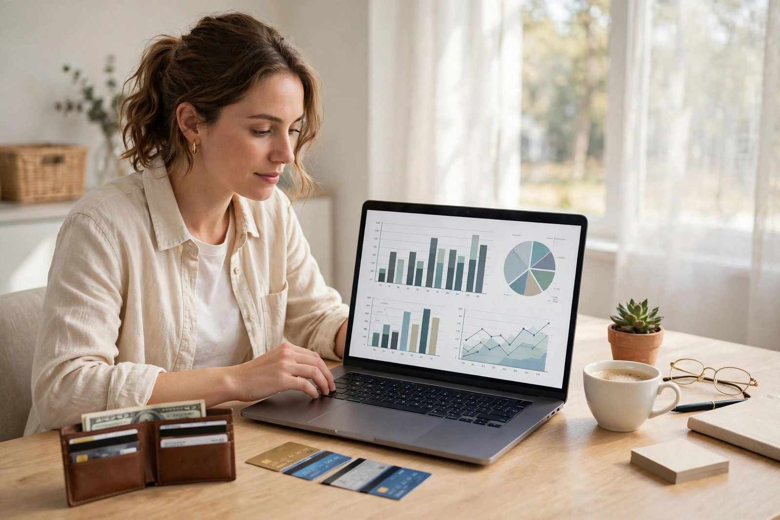 Freelancer at a tidy desk with credit cards and a laptop showing a budget