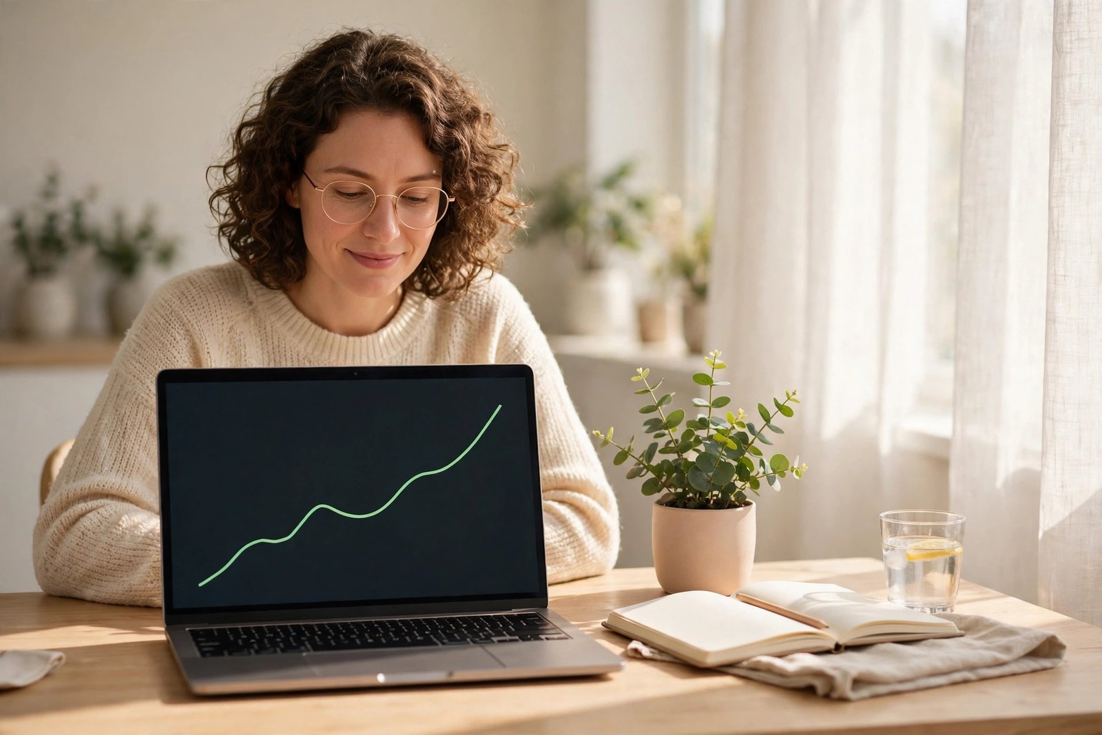 Person reviewing investment growth charts on a laptop at a sunny desk