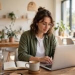 Freelancer working on a laptop in a sunny coworking space