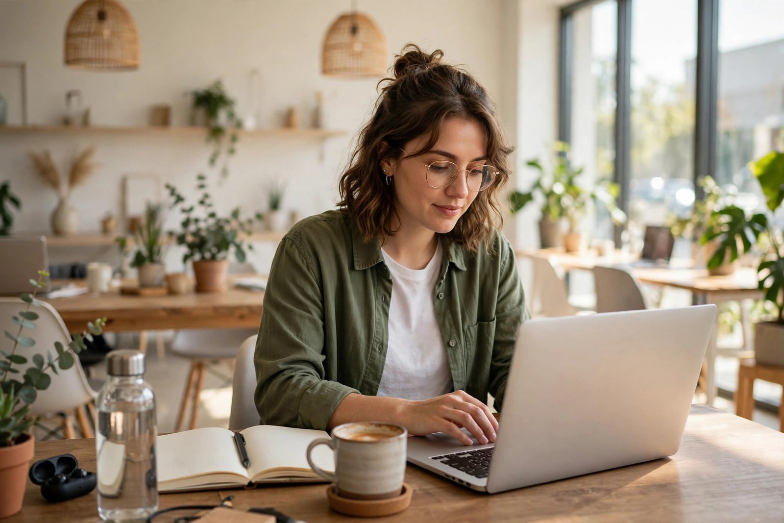 Freelancer working on a laptop in a sunny coworking space