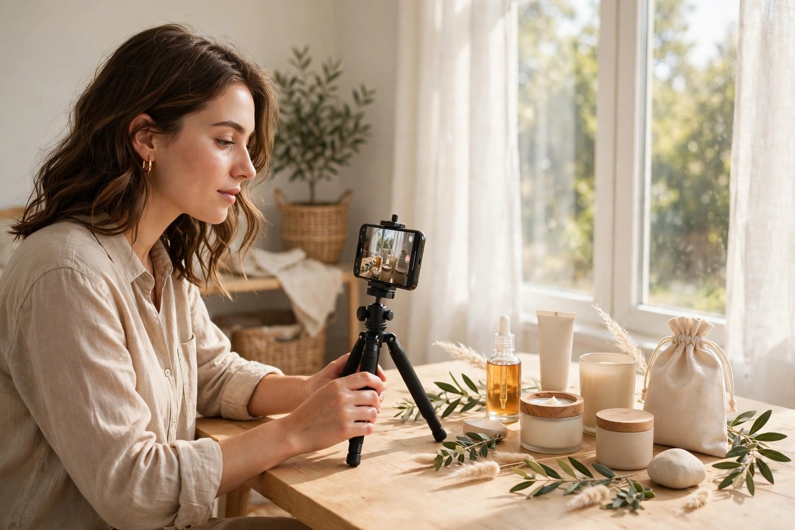 Creator filming a short product video with a phone beside arranged products