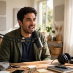 Podcaster speaking into a professional microphone in a home studio