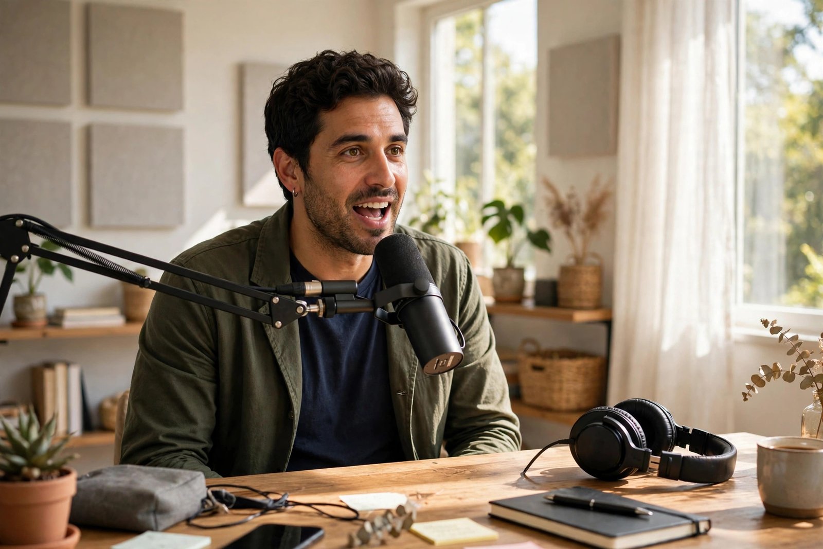 Podcaster speaking into a professional microphone in a home studio