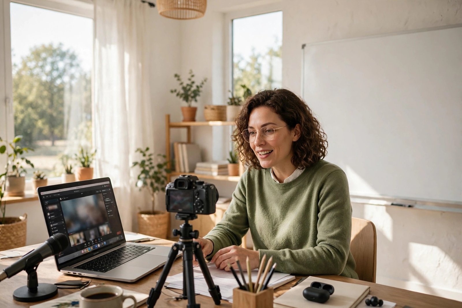 Teacher recording an online course at a desk with camera and laptop