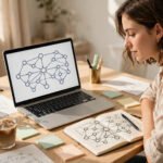 Blogger mapping internal links between blog posts on a laptop
