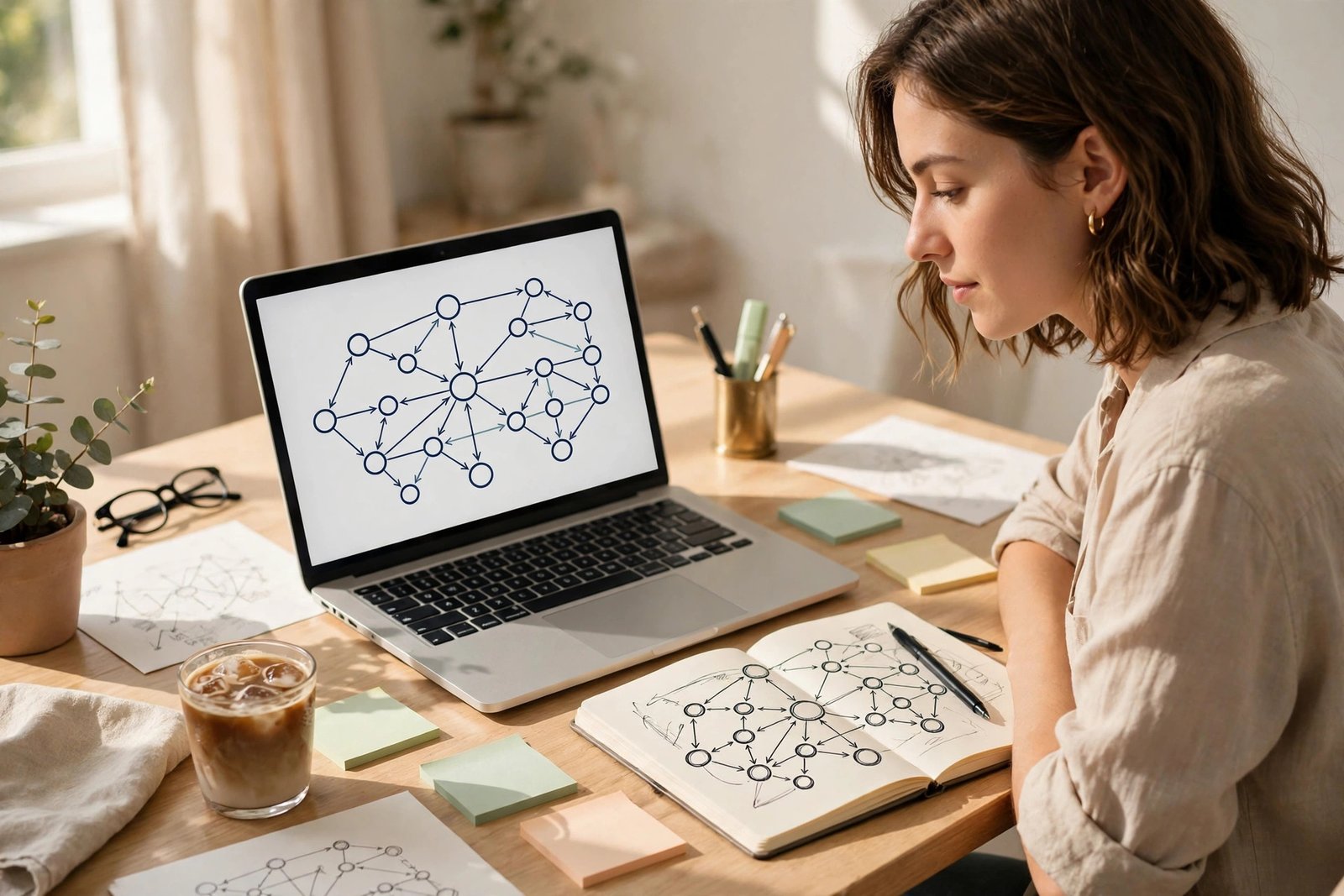 Blogger mapping internal links between blog posts on a laptop