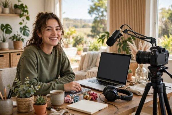 Content creator at a home studio desk