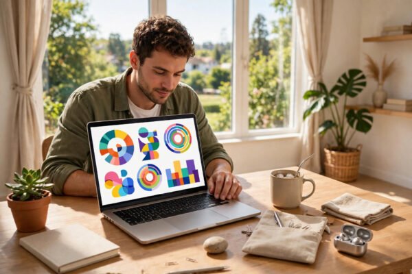 Freelancer working with AI tools at a bright desk