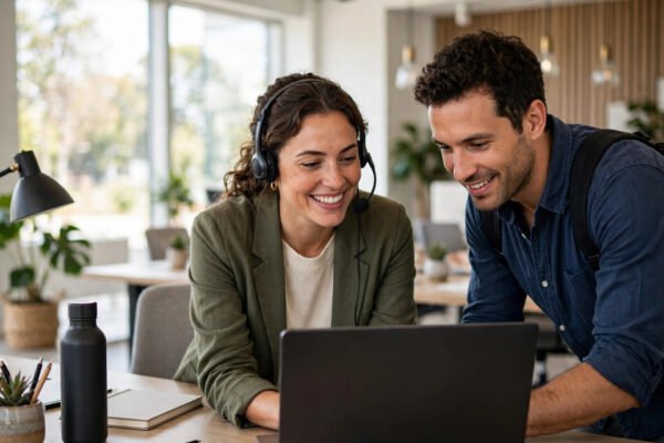 Small business owner providing customer support with a headset