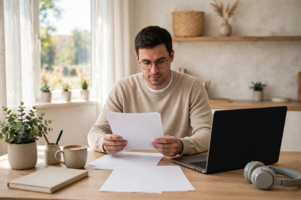 Freelancer choosing a business bank account at a home office desk
