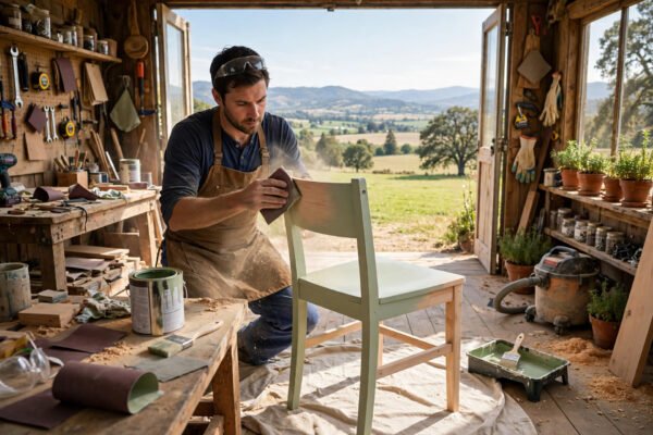 Person restoring a wooden chair in a sunny workshop
