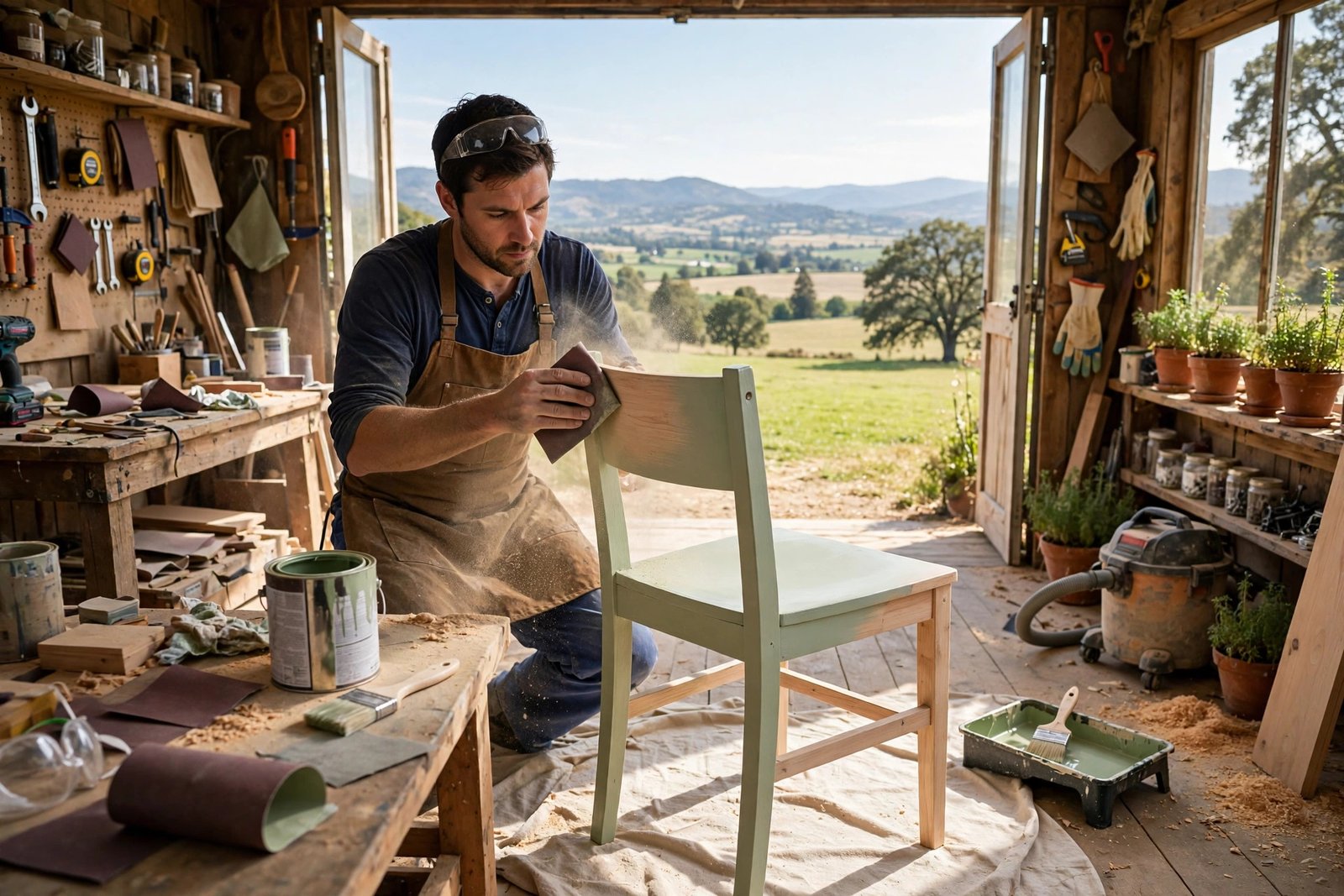 Person restoring a wooden chair in a sunny workshop