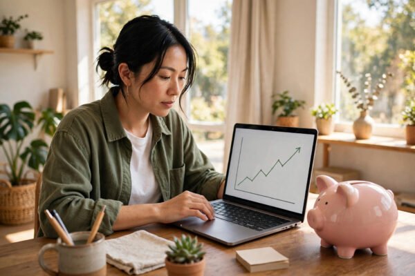 Small business owner checking savings growth on a laptop