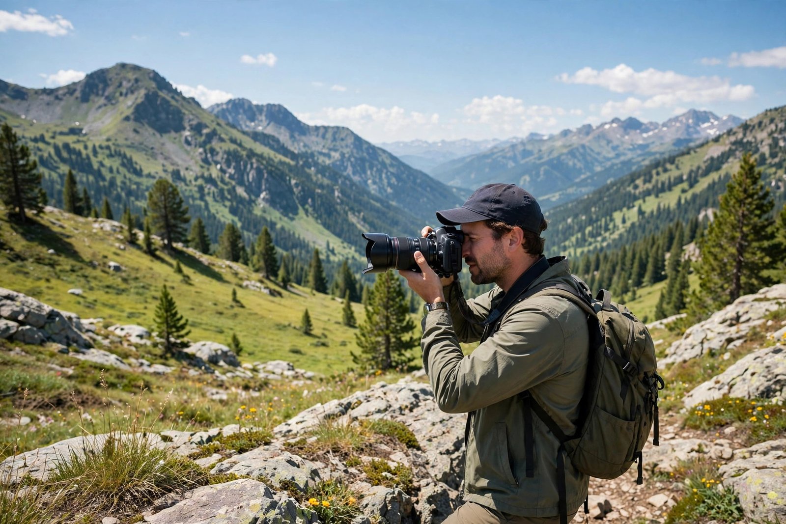 Photographer taking photos outdoors for stock photography