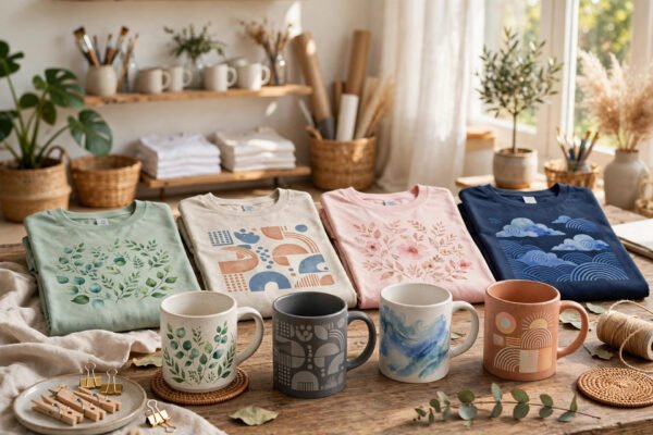 Printed t-shirts and mugs in a creative studio