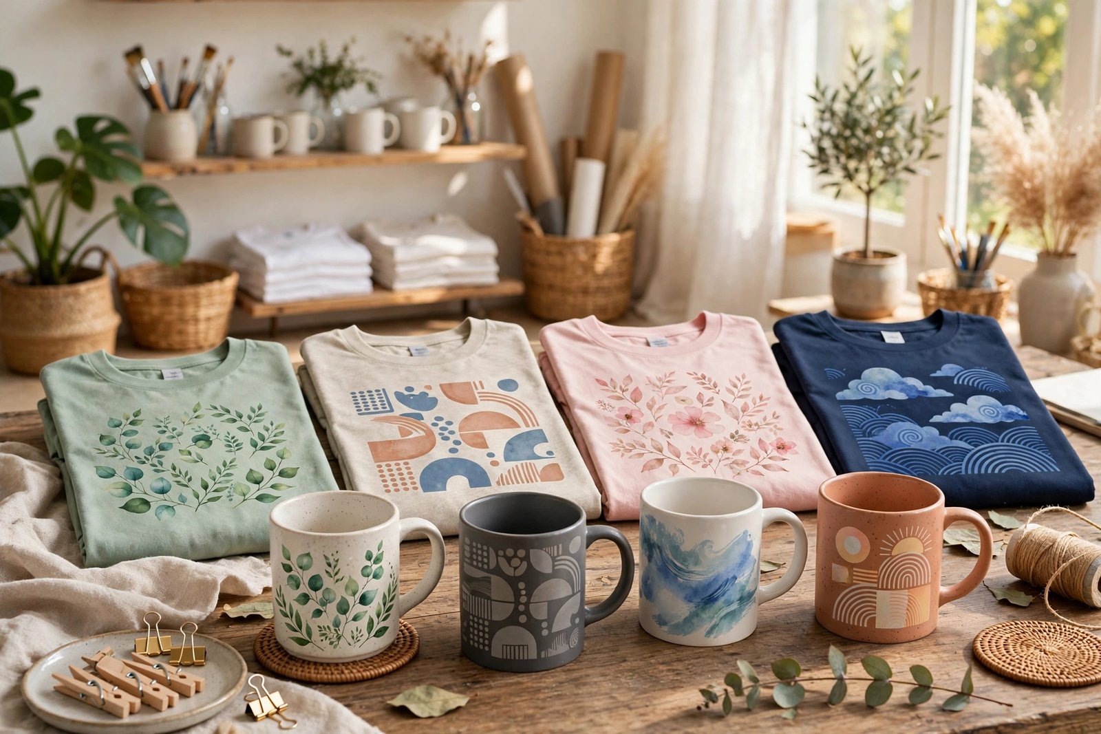 Printed t-shirts and mugs in a creative studio