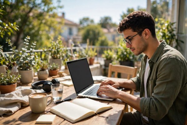 Blogger typing on a laptop at a bright desk