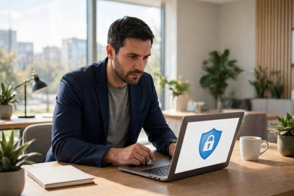 Business owner checking laptop security against phishing