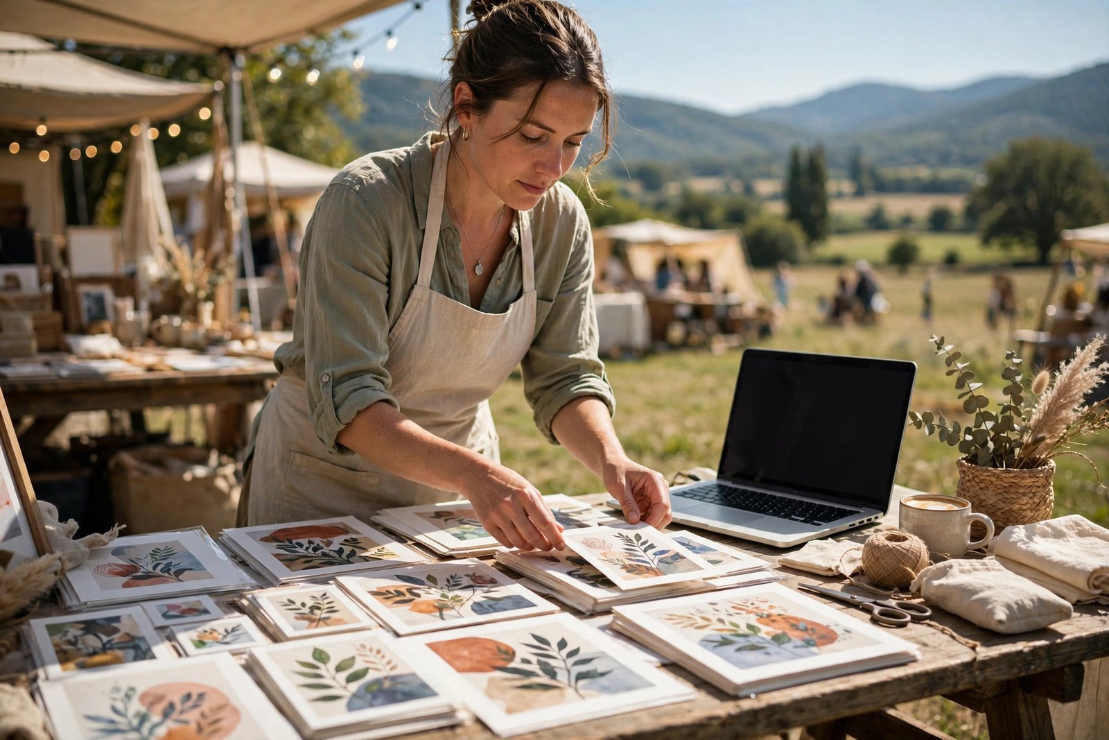 Seller arranging digital print products at a sunny market table