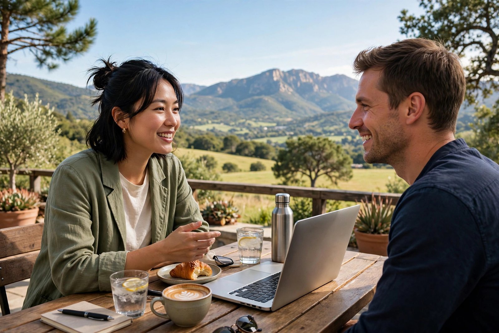 Creator discussing a brand partnership over coffee