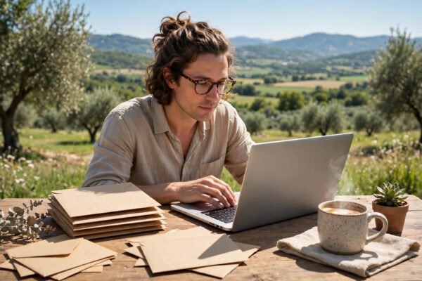 Writer composing a newsletter on a laptop