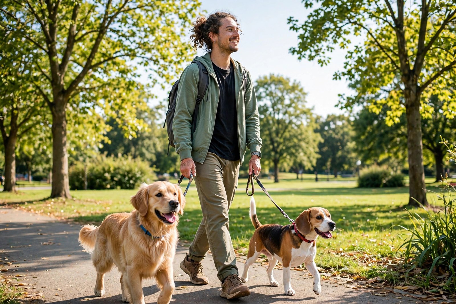 Person walking two dogs in a sunny park