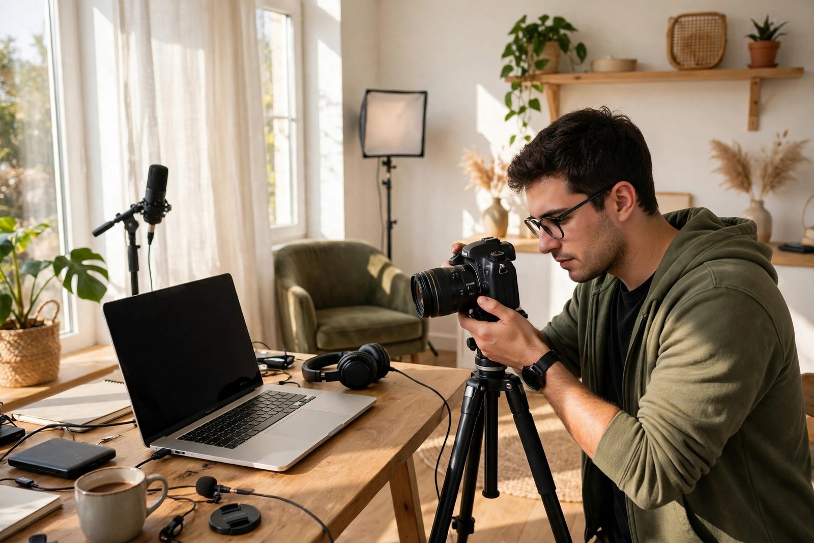 Video creator filming in a home studio