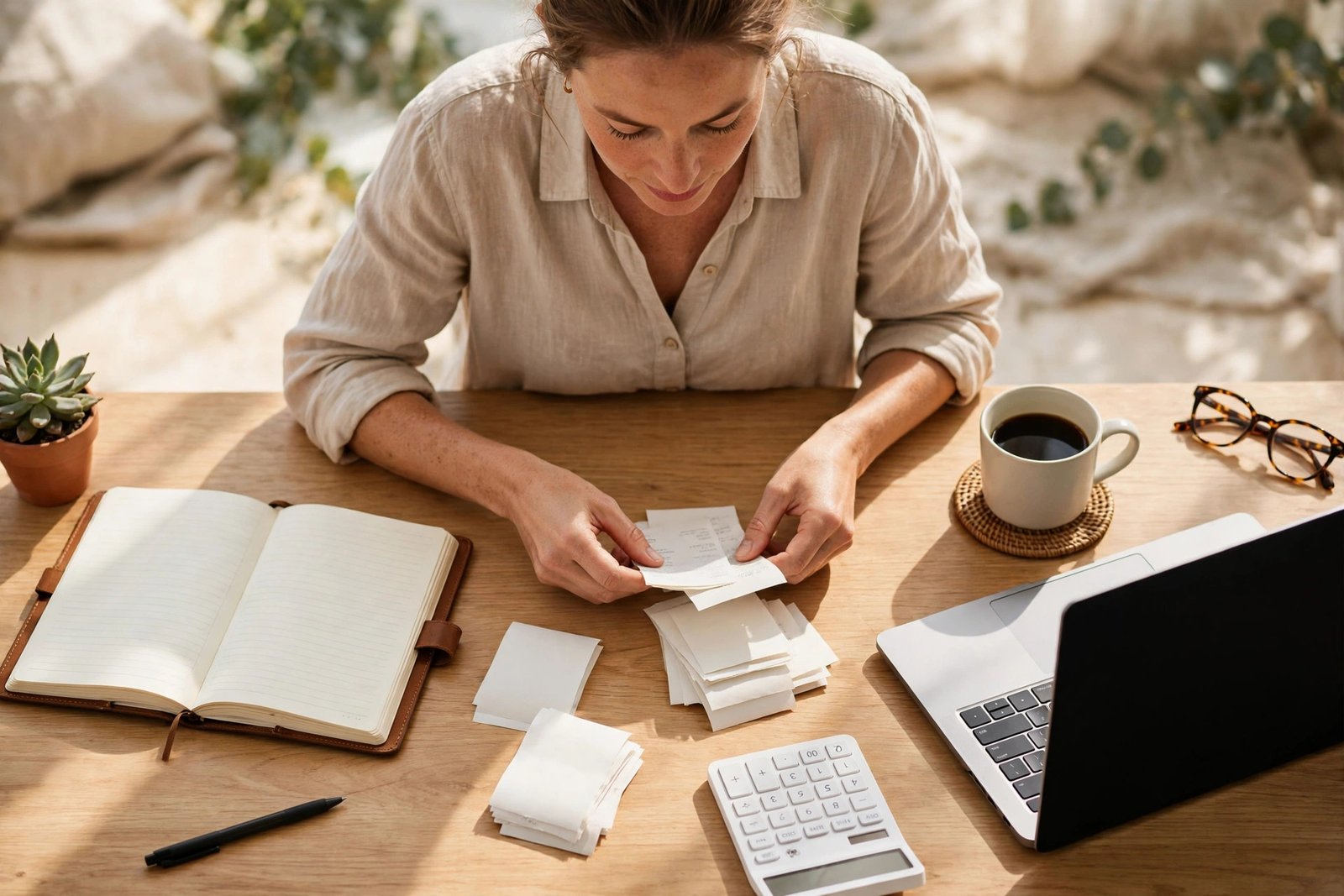 Small business owner organizing receipts and a ledger on a sunny desk